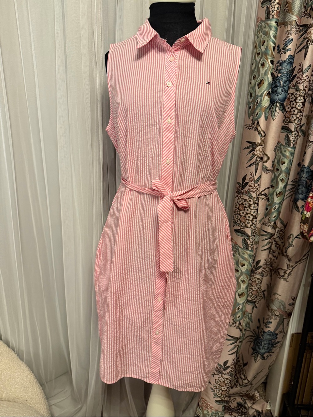 Tommy Hilfiger Pink & White Sleeveless Striped Midi Shirt Dress